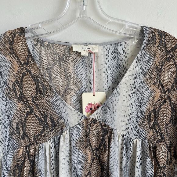 NWT Entro Python Print Babydoll Mini Dress Puff Sleeves Boho Chic Size Large - Picture 3 of 13